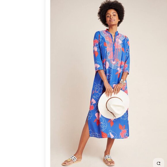 Anthropologie Ro's Garden Alessandra Maxi Caftan In Blue 100% Cotton - Picture 1 of 9